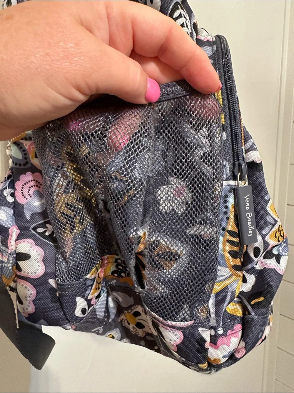 Vera Bradley Large Navy Floral Backpack with Pink, Yellow and Gray Accents